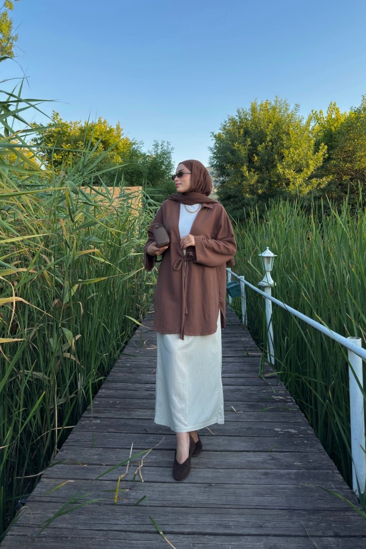 Kadın Acı Kahve Bağlama Detaylı Flam Keten Kimono