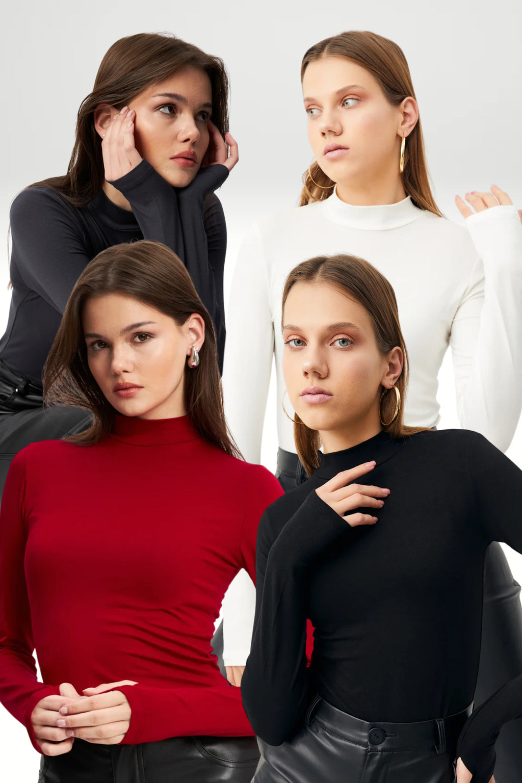 Kadın 4'lü Set Bordo Antrasit Siyah Beyaz Parmak Detaylı Body
