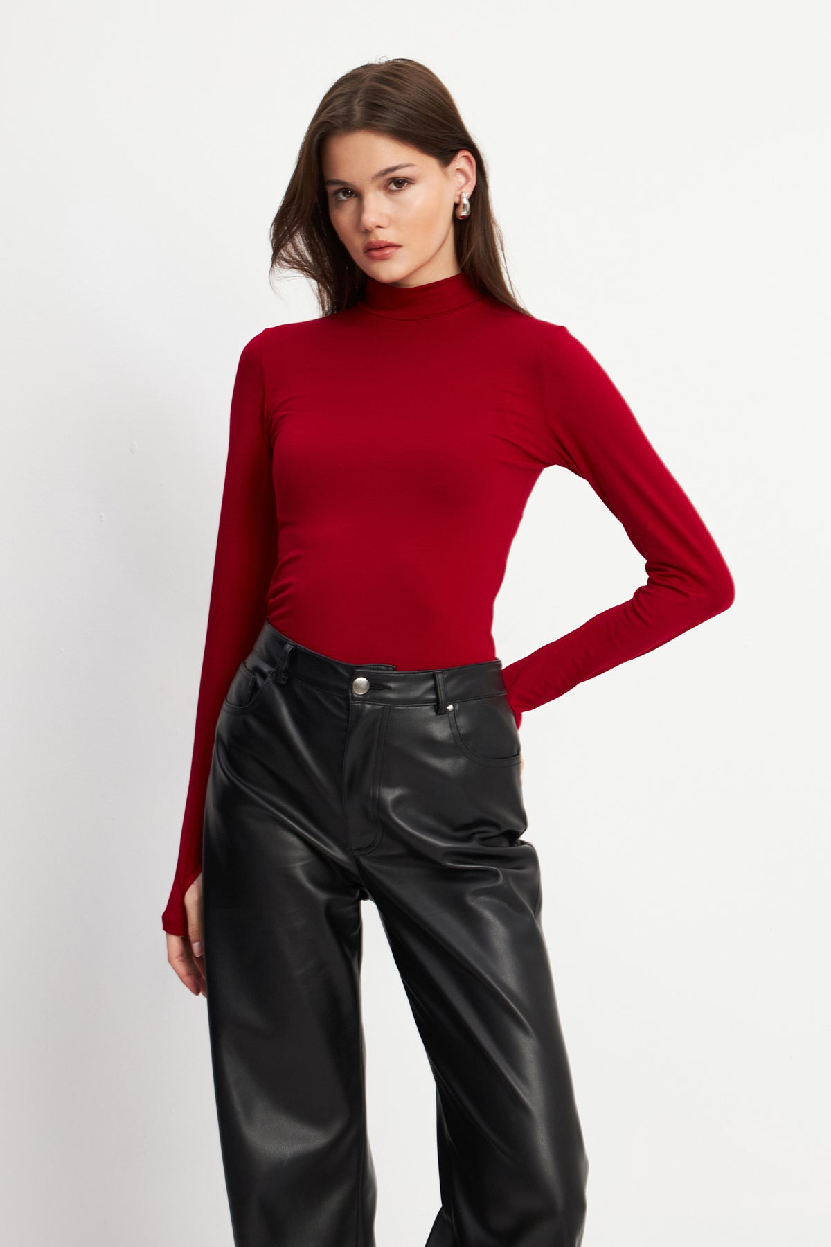 Kadın Bordo Parmak Detaylı Body