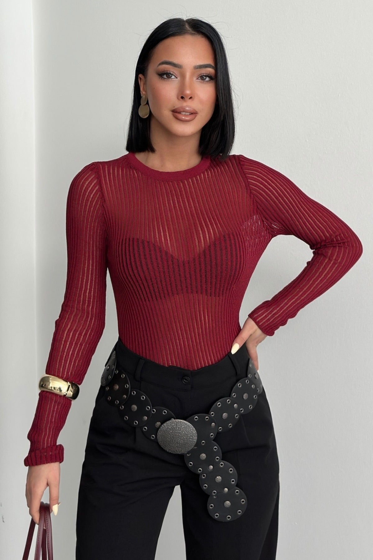Kadın Bordo Bisiklet Yaka Şerit Detaylı Premium Transparan Bluz