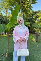 Kadın Pembe Bağlama Detaylı Flam Keten Kimono