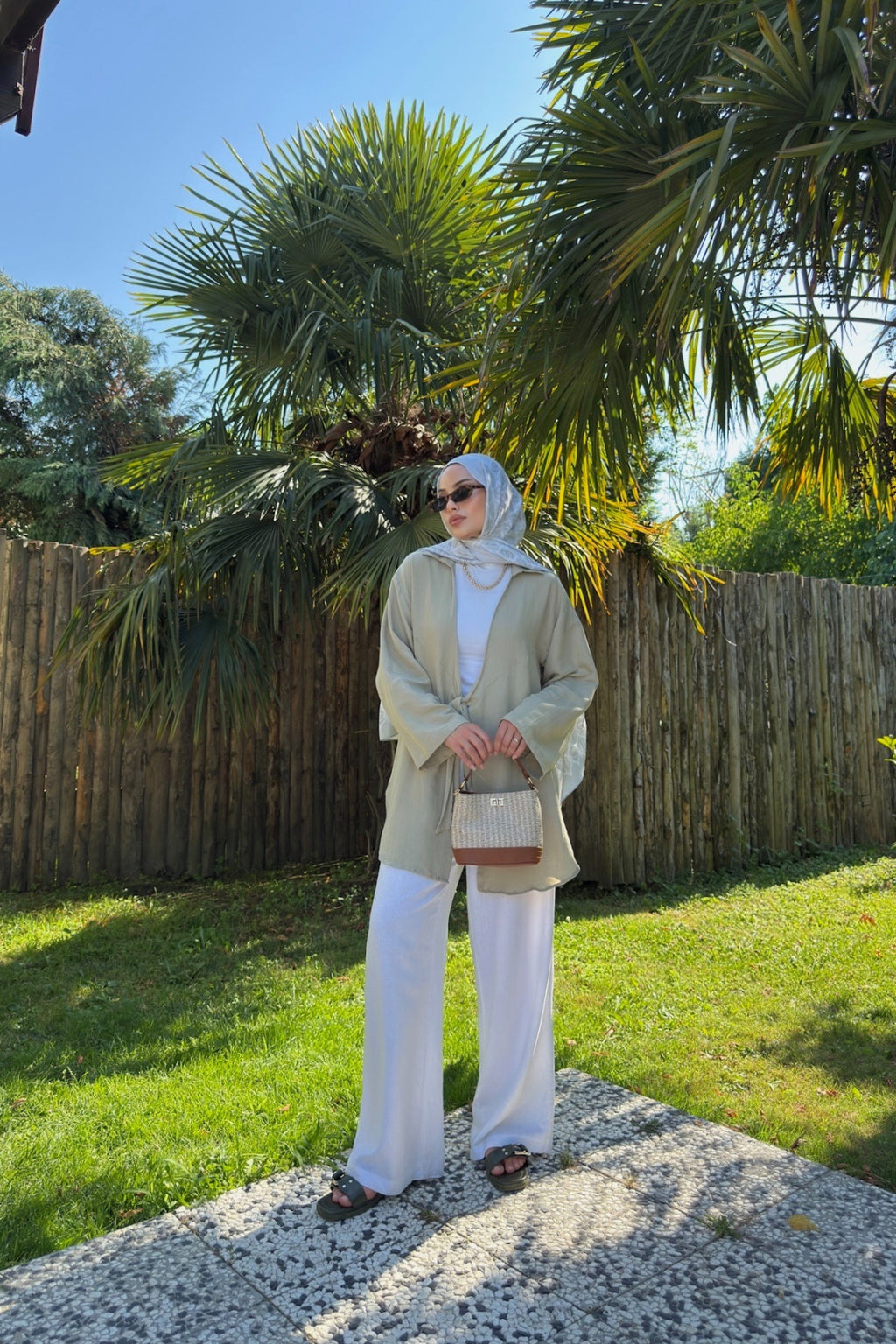 Kadın Küf Yeşili Bağlama Detaylı Flam Keten Kimono