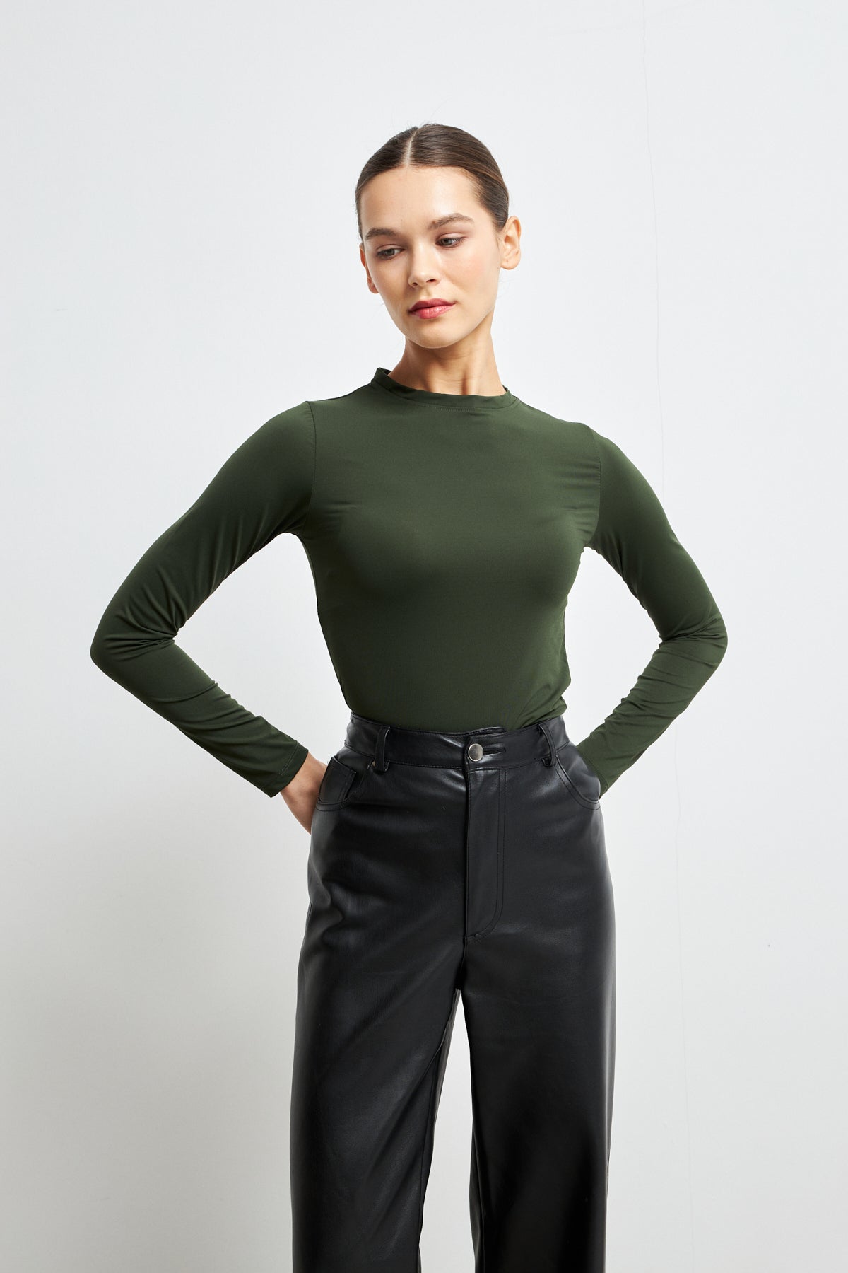 Kadın Haki Ultra Soft Esnek Bisiklet Yaka Basic Bluz