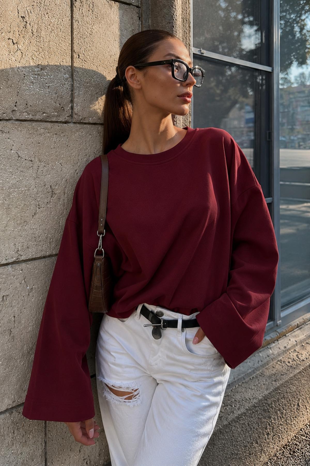 Kadın Bordo Suprem Likralı Oversize T-Shirt