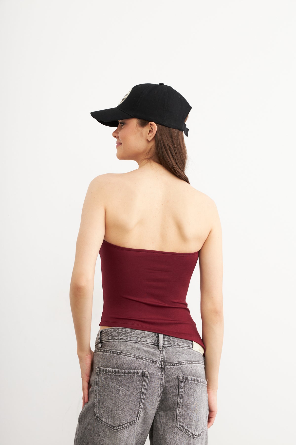 Kadın Büzgülü Asimetrik Straplez Bordo Bluz