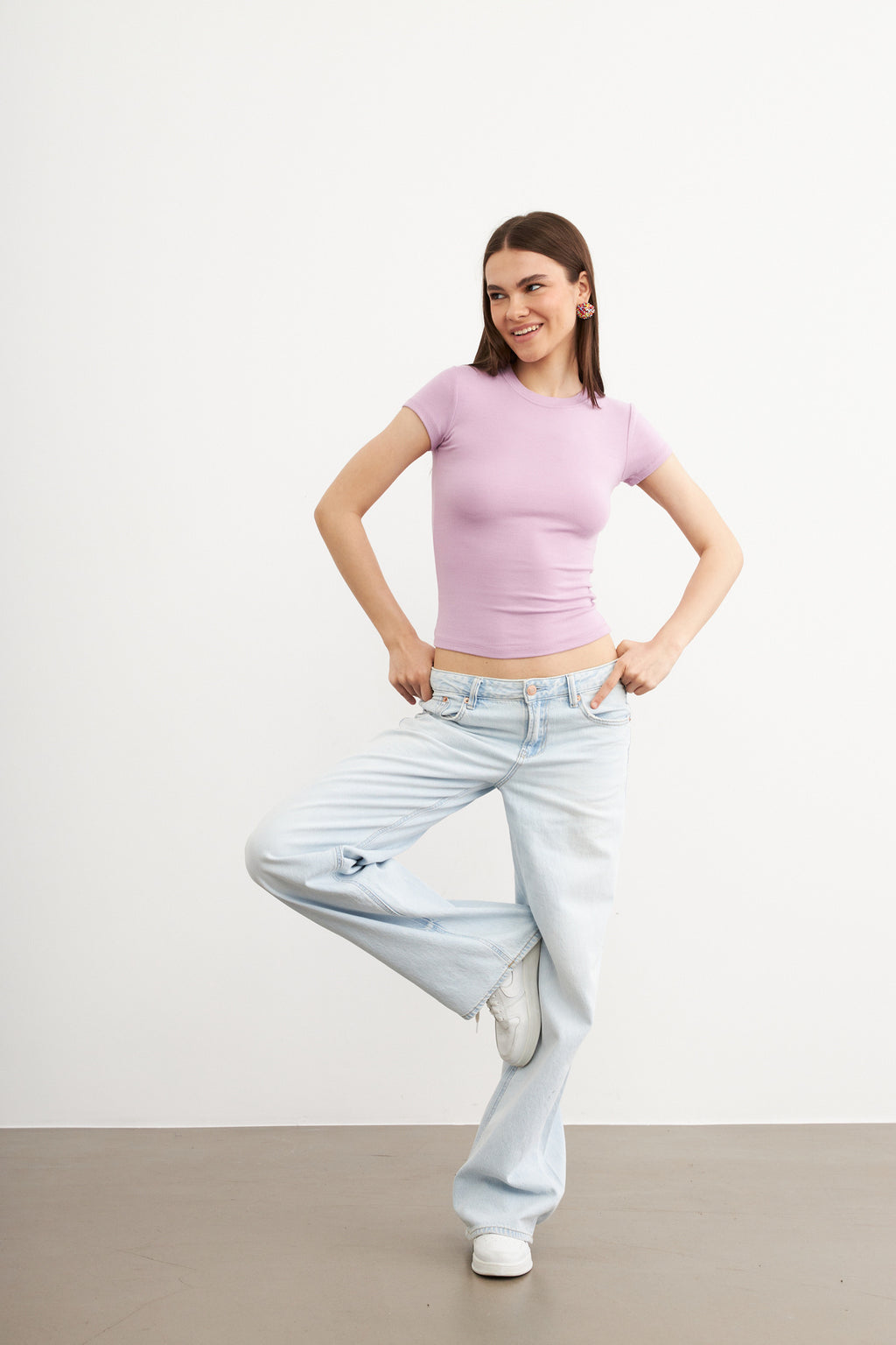 Kadın Lila Bisiklet Yaka Kısa Kol Ultra Soft T-shirt