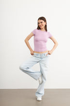 Kadın Lila Bisiklet Yaka Kısa Kol Ultra Soft T-shirt
