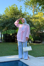 Kadın Pembe Bağlama Detaylı Flam Keten Kimono