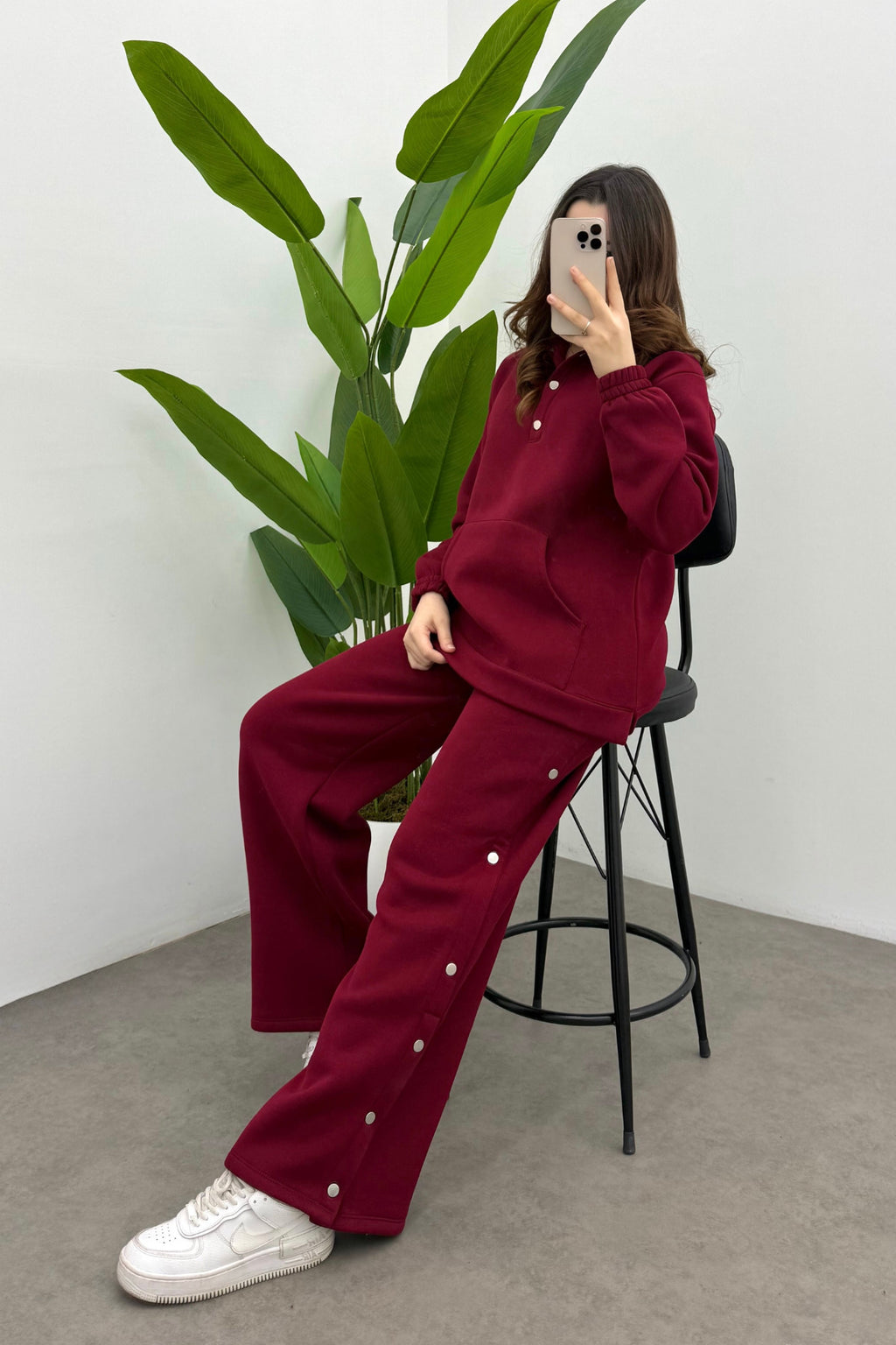 Kadın Bordo Şardonlu Çıtçıt Detaylı Yumuşak Sweatshirt Takım