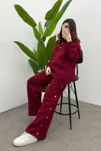 Kadın Bordo Şardonlu Çıtçıt Detaylı Yumuşak Sweatshirt Takım