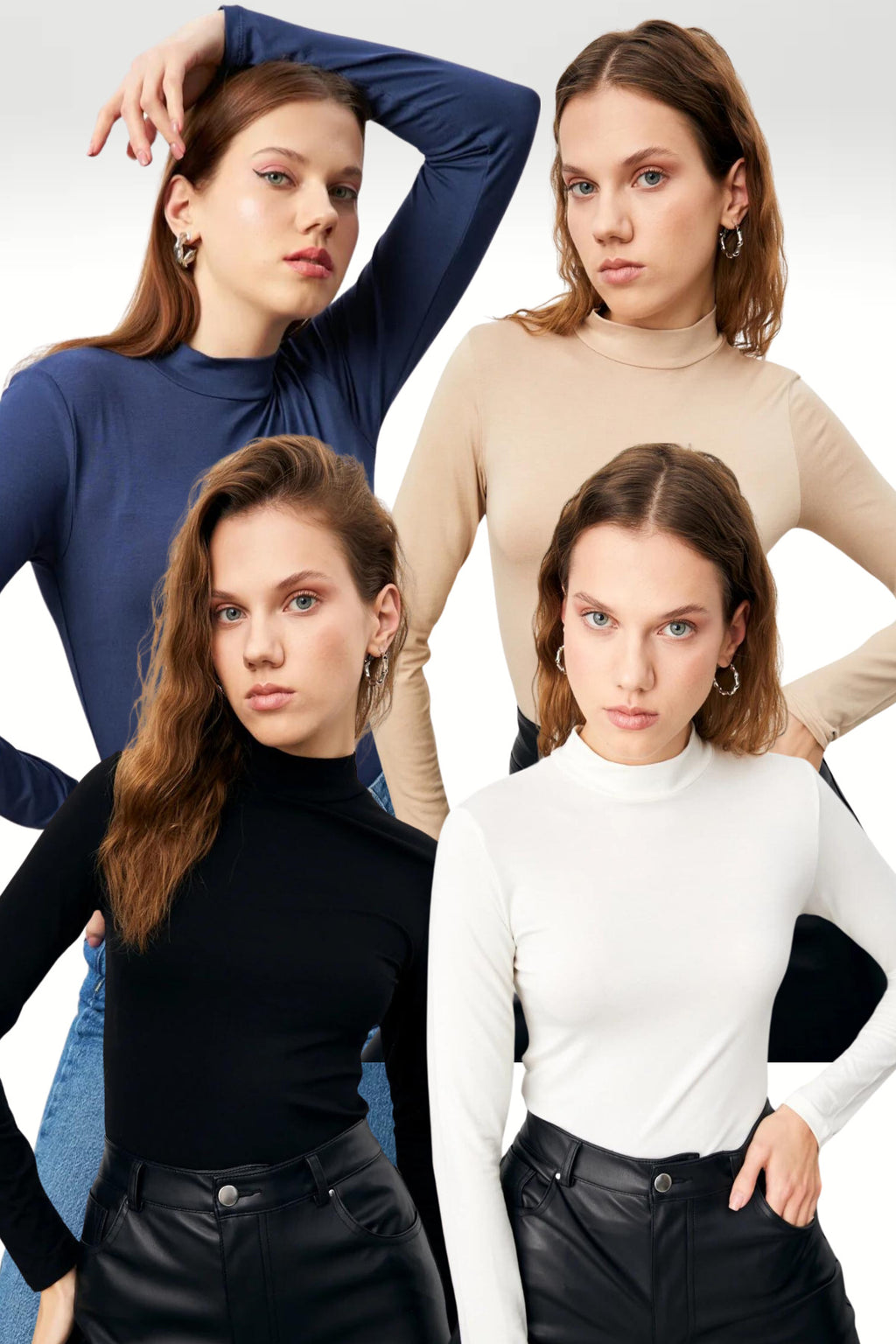 Kadın Lacivert Krem Siyah Beyaz 4'lü Yarım Balıkçı Yaka Basic Body