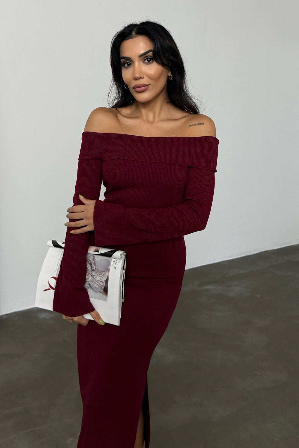 Kadın Bordo Carmen Yaka Yırtmaç Detaylı Midi Boy Basic Örme Elbise