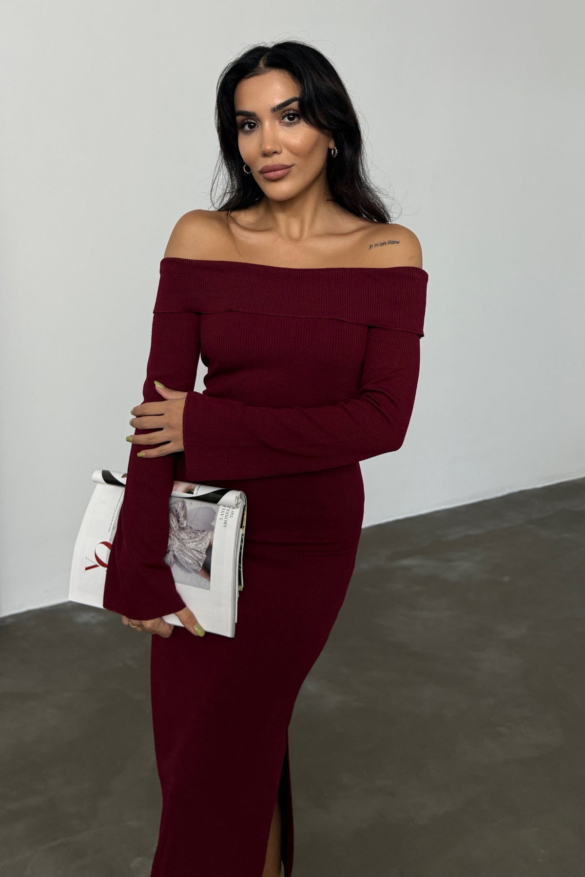 Kadın Bordo Carmen Yaka Yırtmaç Detaylı Midi Boy Basic Örme Elbise