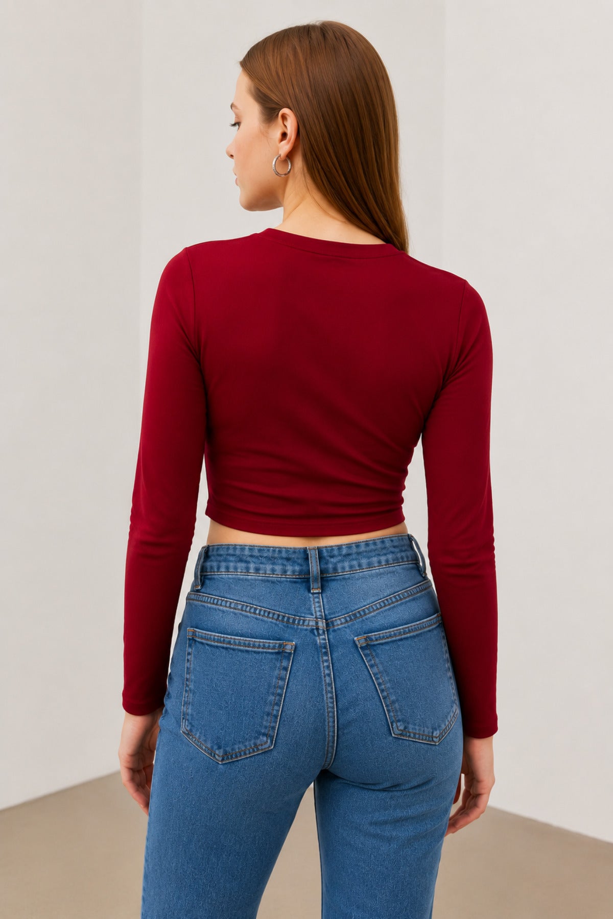 Kadın Bordo Bisiklet Yaka Uzun Kol Crop Bluz