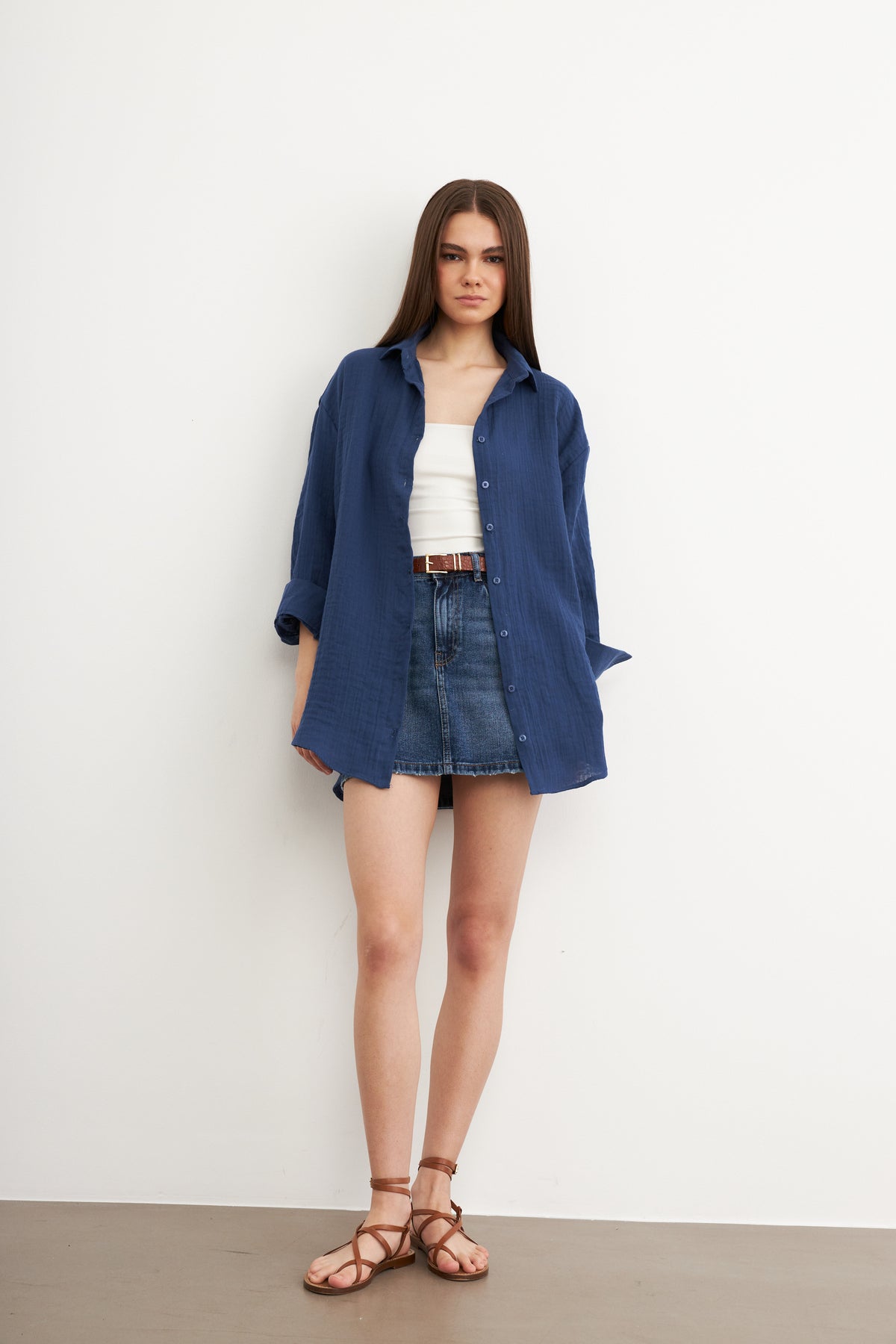 Kadın Lacivert Oversize Basic Müslin Gömlek