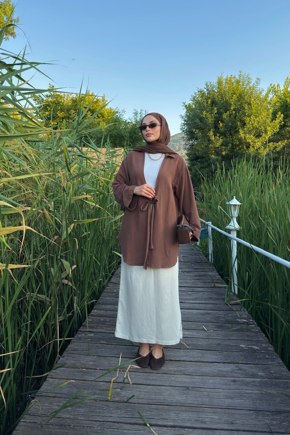 Kadın Acı Kahve Bağlama Detaylı Flam Keten Kimono