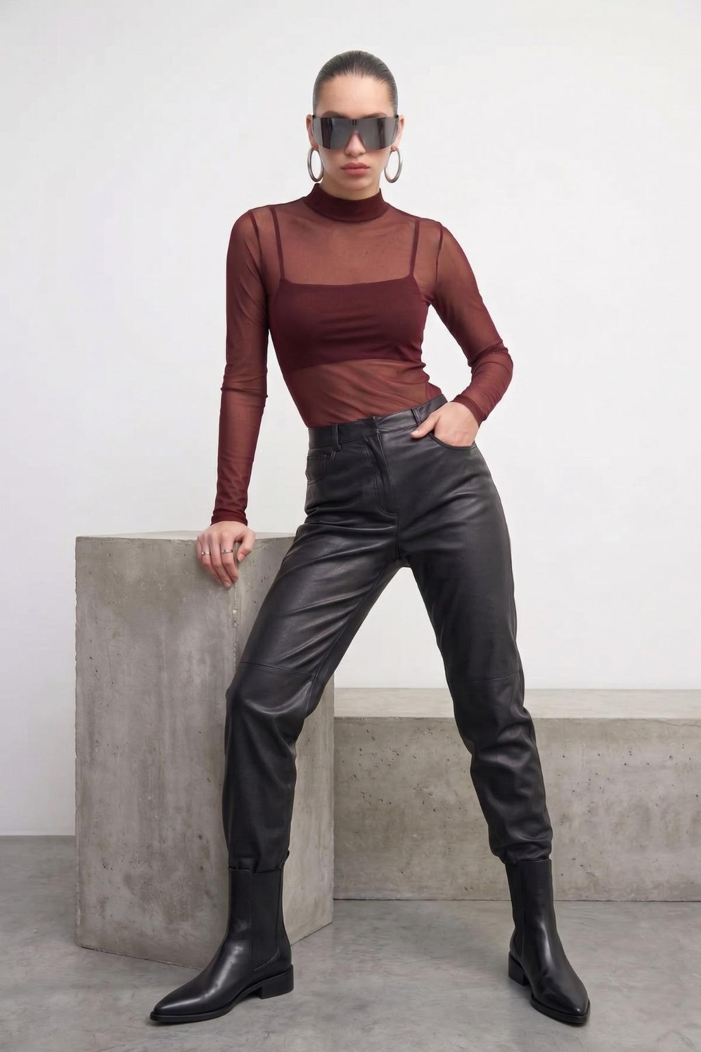 Kadın Bordo Transparan Tül Bluz