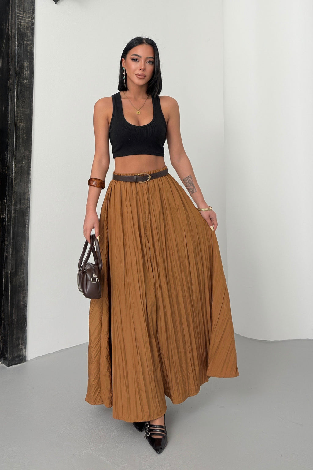 Kadın Camel Crush Efektli Uzun Kloş Etek
