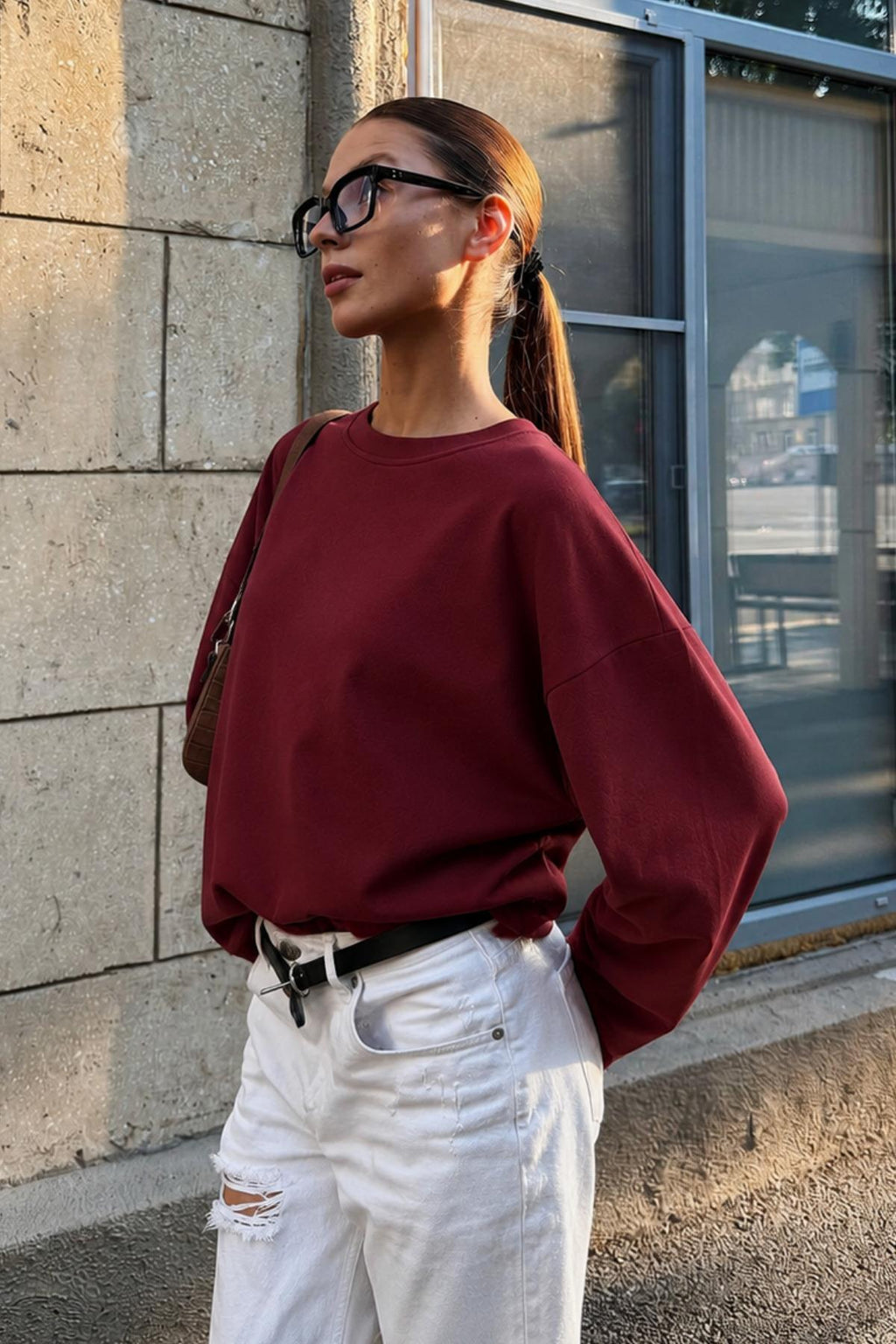 Kadın Bordo Suprem Likralı Oversize T-Shirt