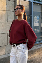 Kadın Bordo Suprem Likralı Oversize T-Shirt