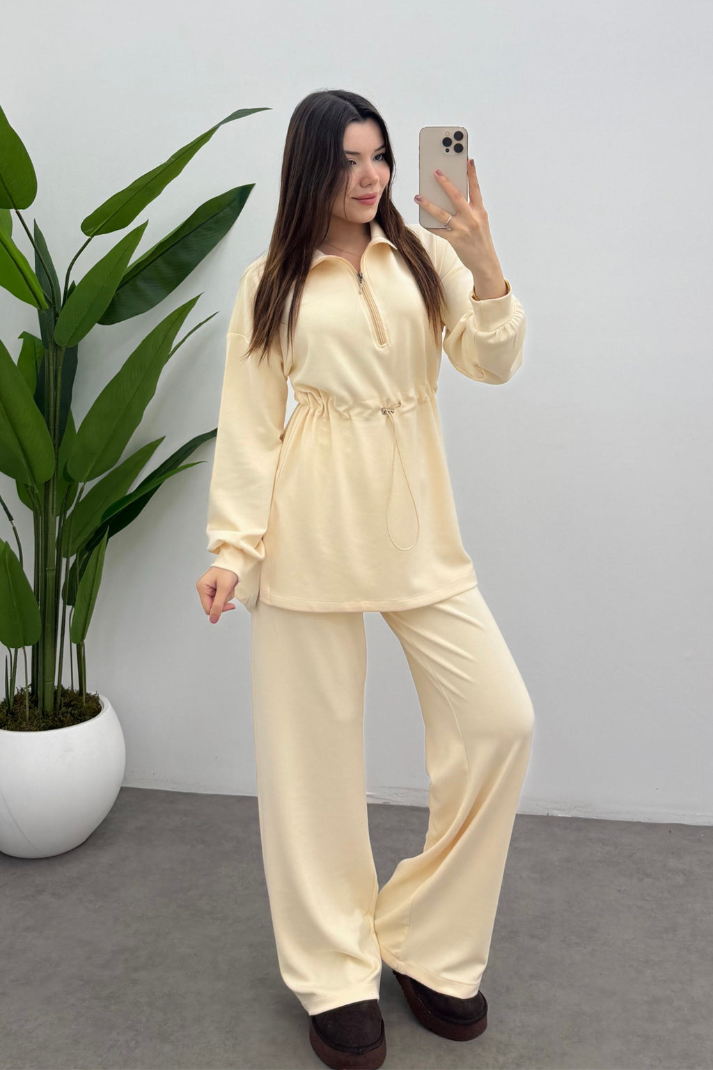 Kadın Açık Kavuniçi Beli Lastikli Fermuarlı Modal Sweat Takım