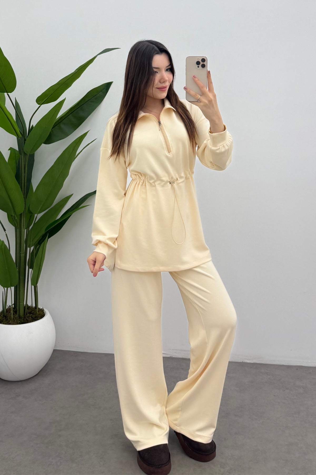 Kadın Açık Kavuniçi Beli Lastikli Fermuarlı Modal Sweat Takım