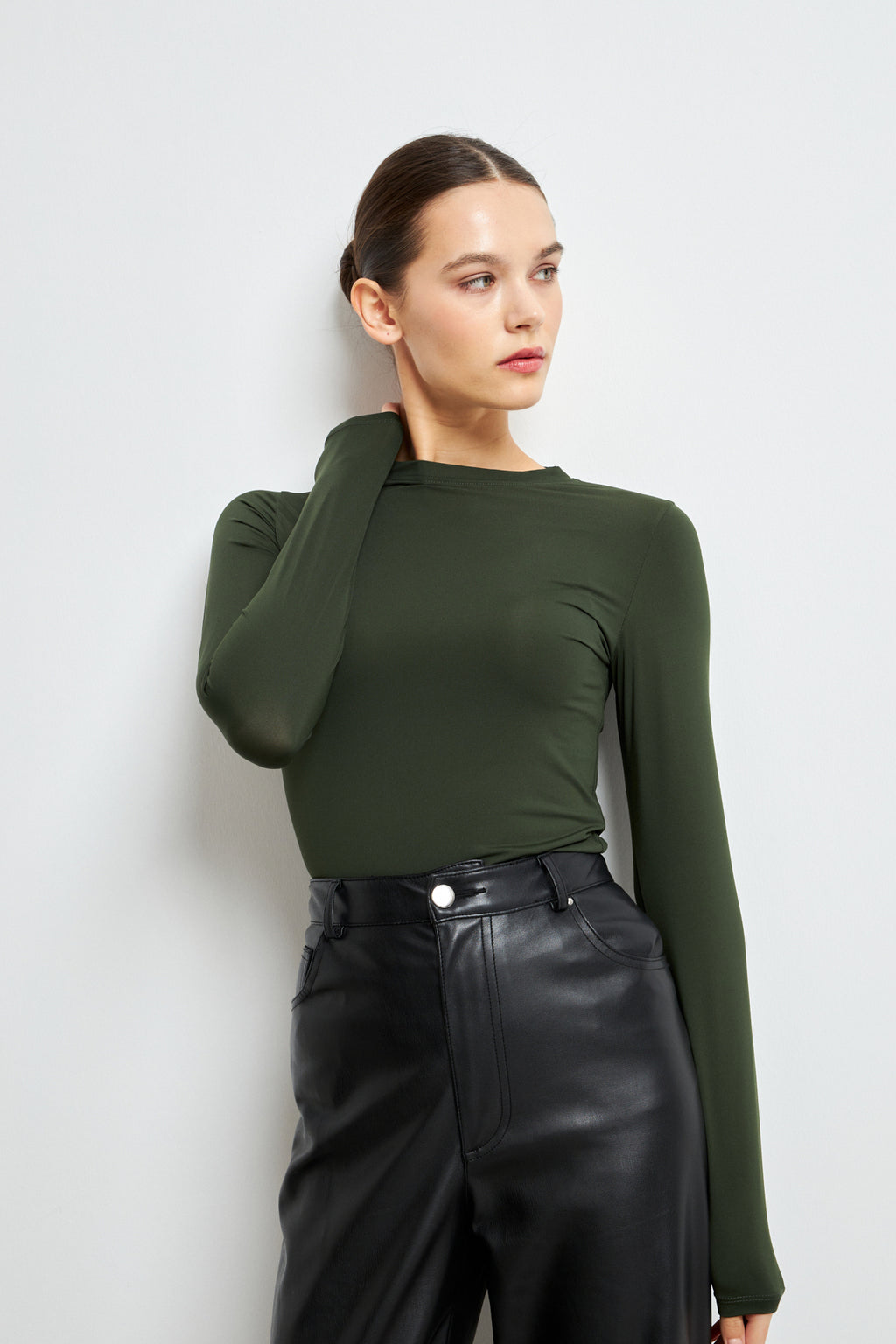 Kadın Haki Ultra Soft Esnek Bisiklet Yaka Basic Bluz