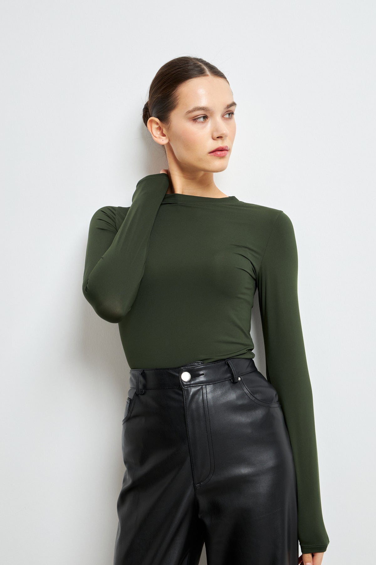 Kadın Haki Ultra Soft Esnek Bisiklet Yaka Basic Bluz