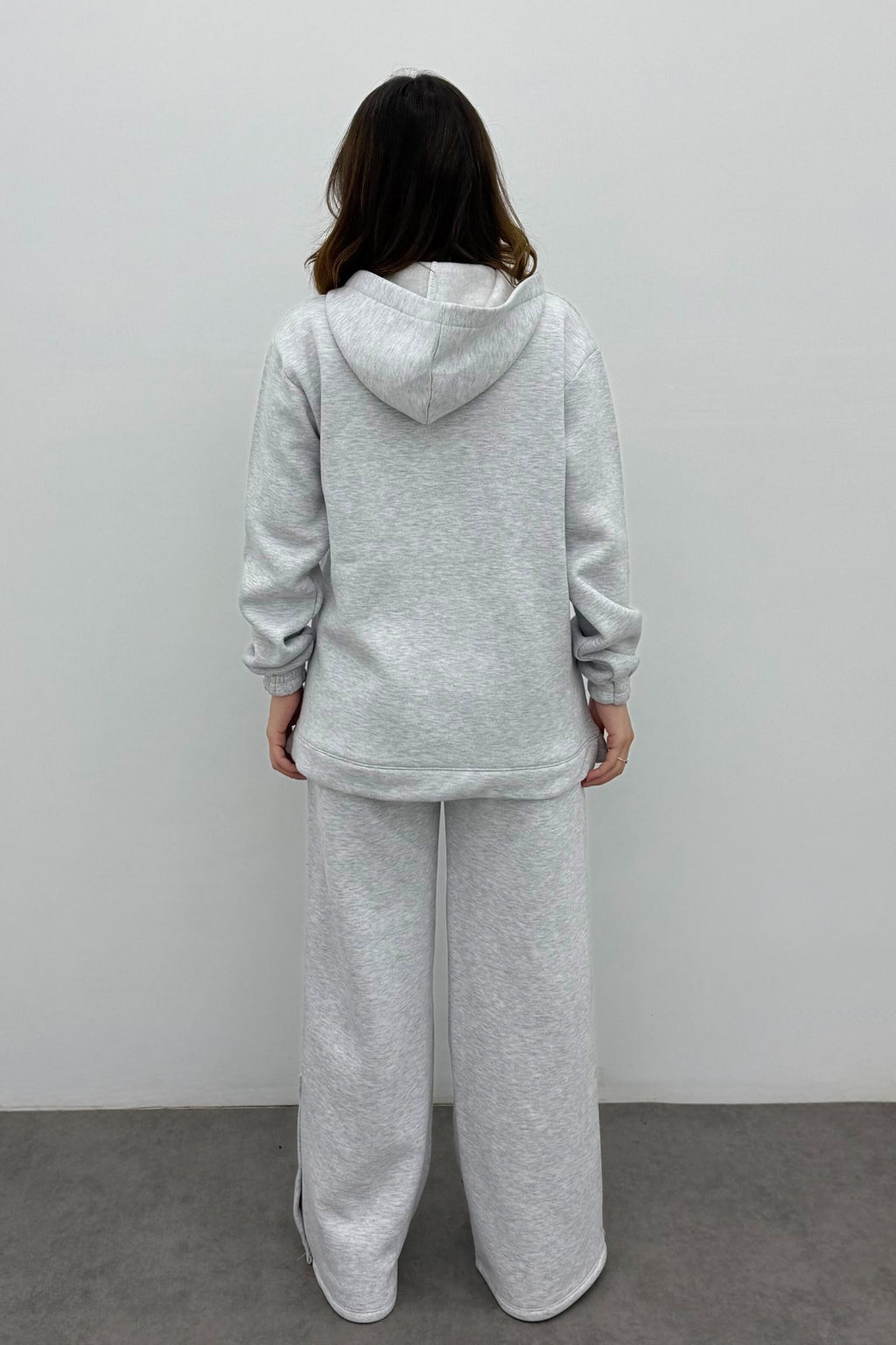 Kadın Açık Gri Şardonlu Çıtçıt Detaylı Yumuşak Sweatshirt Takım