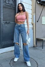 Kadın Gülkurusu Yumuşak Fitilli Kaşkorse Kare Yaka Crop Top Bluz