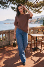 Kadın Bisiklet Yaka Pamuklu Oversize Relaxed Kısa Kol T-shirt Kahverengi