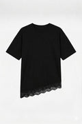 Kadın Pamuk Relaxed Yuvarlak Yaka Dantel Detaylı Asimetrik T-shirt Siyah