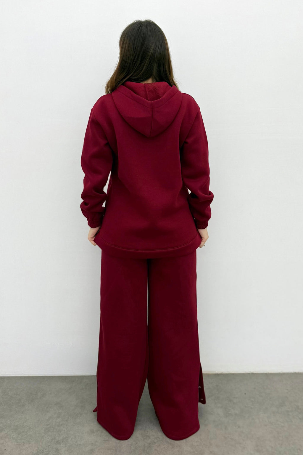 Kadın Bordo Şardonlu Çıtçıt Detaylı Yumuşak Sweatshirt Takım
