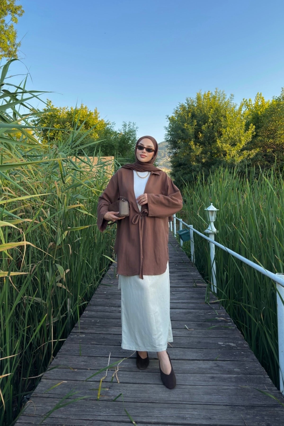 Kadın Acı Kahve Bağlama Detaylı Flam Keten Kimono