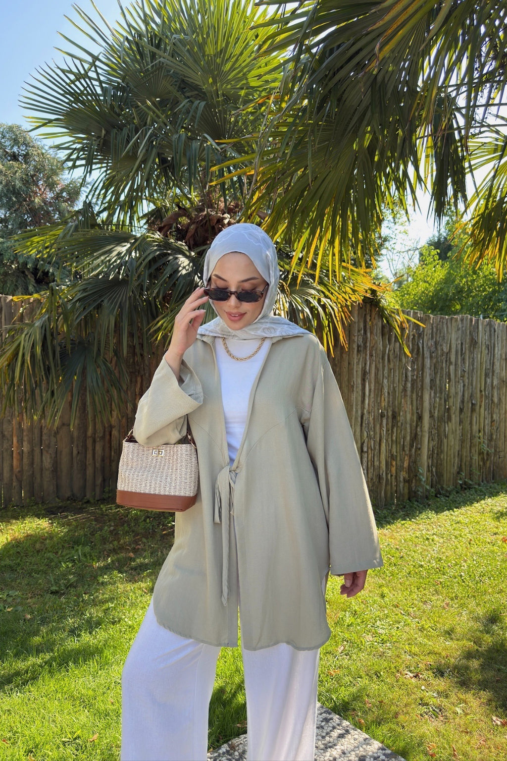 Kadın Küf Yeşili Bağlama Detaylı Flam Keten Kimono