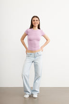 Kadın Lila Bisiklet Yaka Kısa Kol Ultra Soft T-shirt