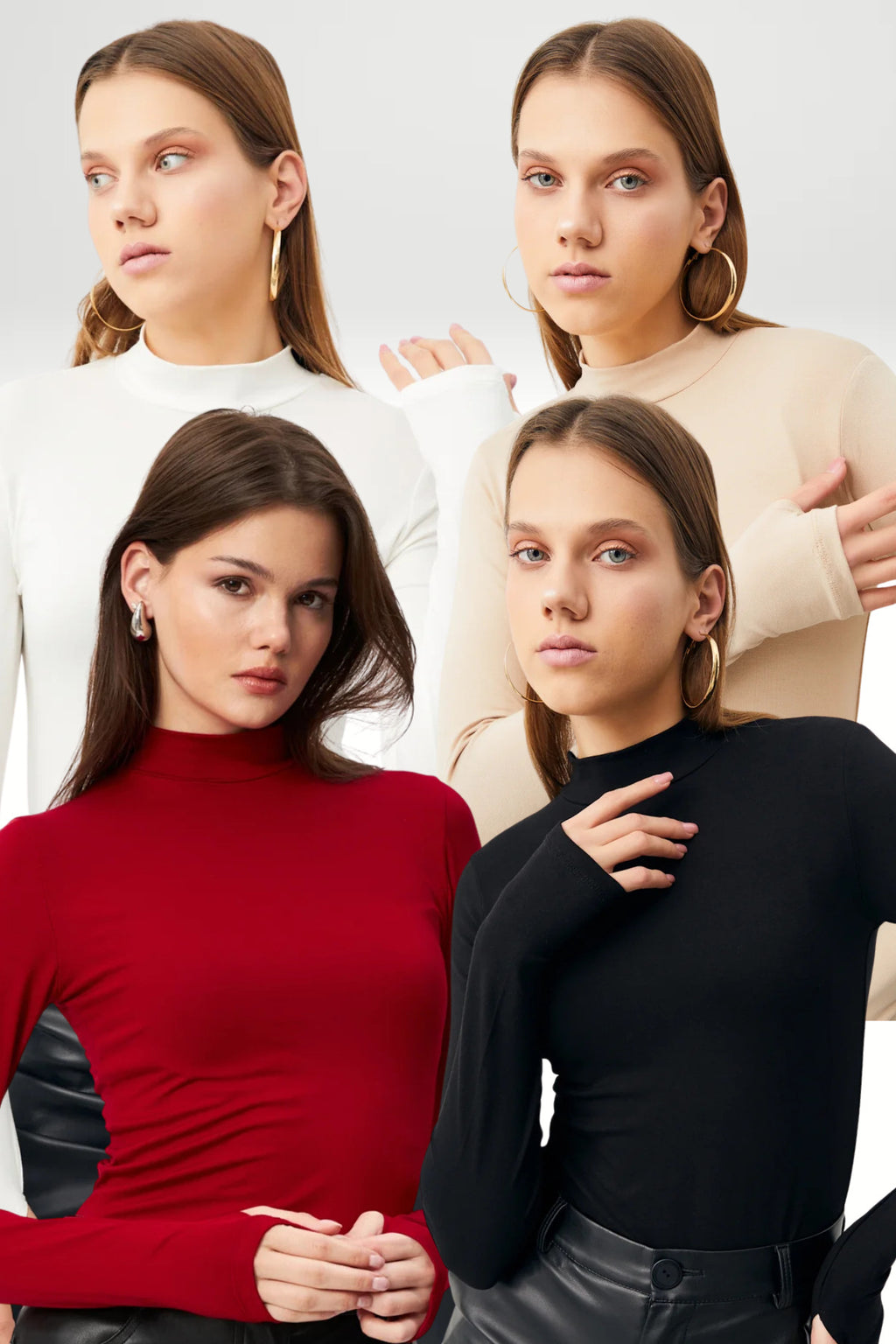 Kadın 4'lü Set Siyah Bordo Beyaz Krem Parmak Detaylı Body