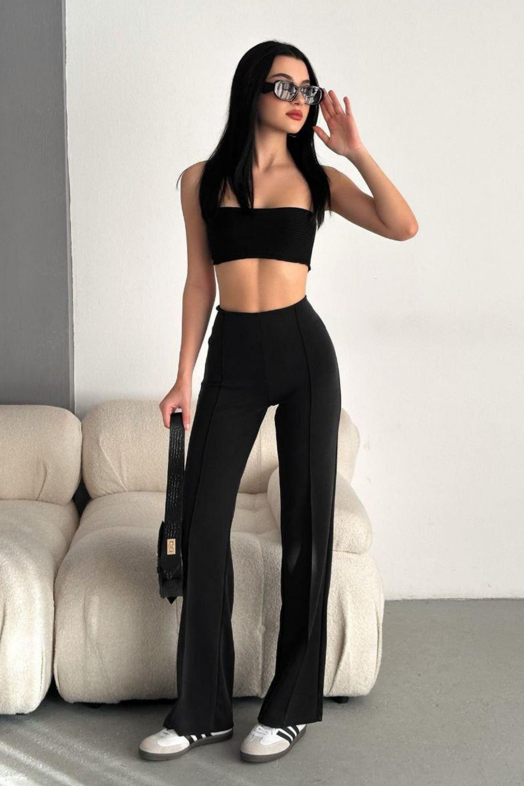Kadın Siyah Modal Nervür Dikiş Detaylı Likralı Pantolon