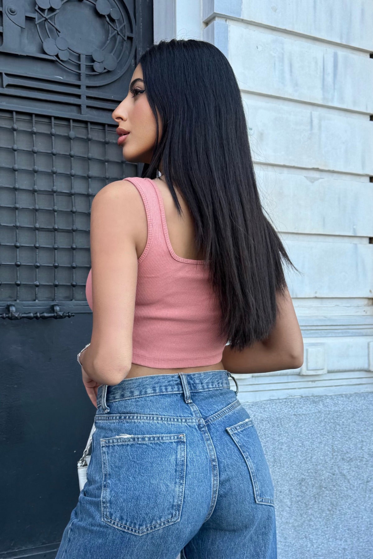 Kadın Gülkurusu Yumuşak Fitilli Kaşkorse Kare Yaka Crop Top Bluz