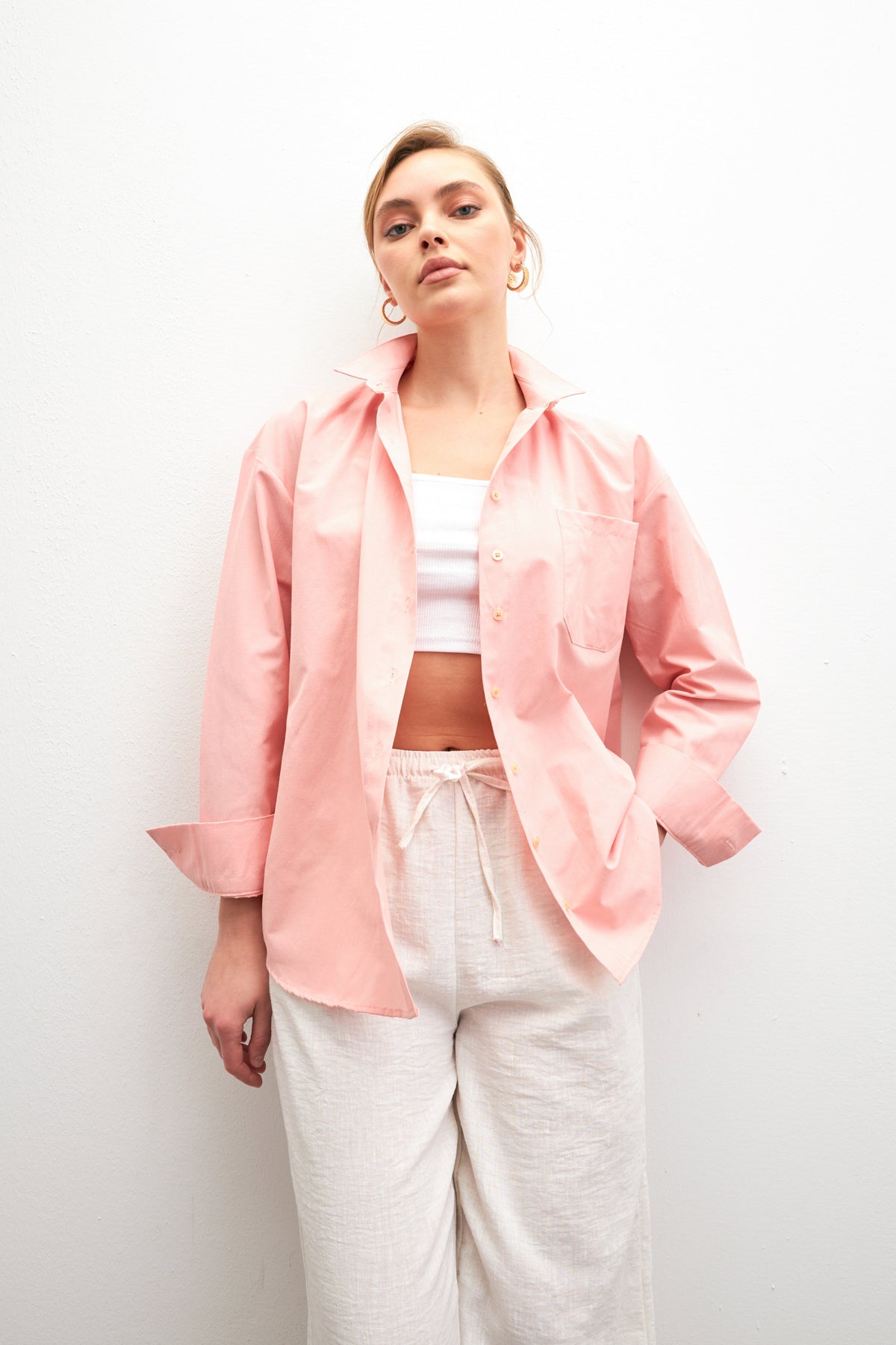 Kadın Pembe Oversize Basic Cep Detaylı Poplin Uzun Kol Gömlek