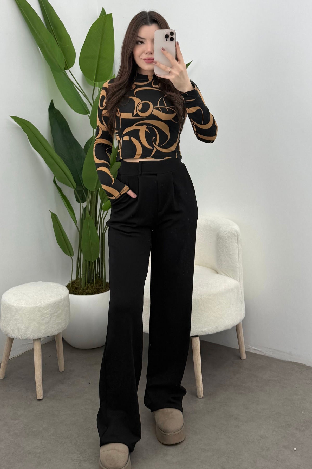 Kadın Siyah Camel Çengel Desenli Yarım Balıkçı Crop Bluz