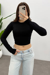 Kadın Siyah Bisiklet Yaka Uzun Kol Crop Bluz