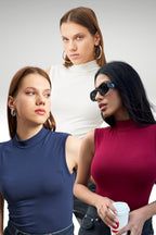 Kadın Krem Lacivert Bordo 3'lü Kolsuz Body