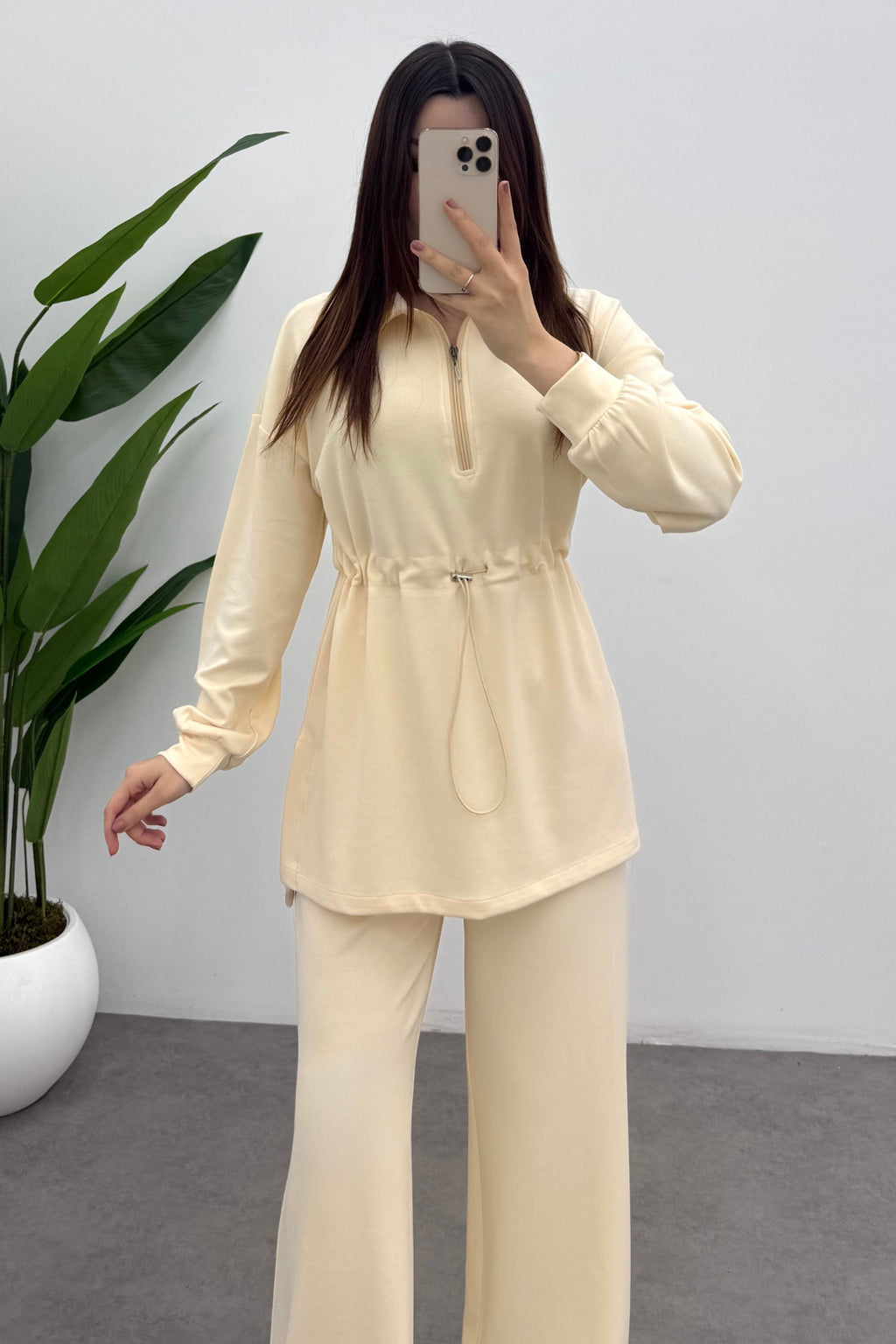 Kadın Açık Kavuniçi Beli Lastikli Fermuarlı Modal Sweat Takım
