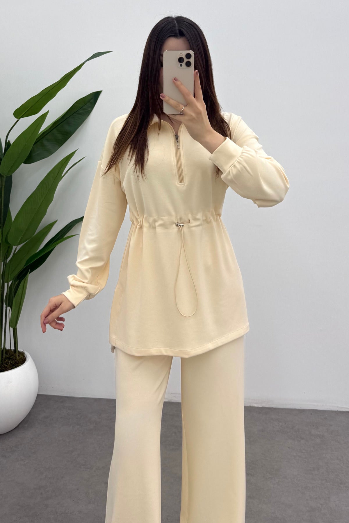 Kadın Açık Kavuniçi Beli Lastikli Fermuarlı Modal Sweat Takım
