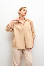 Kadın Koyu Bej Oversize Basic Cep Detaylı Poplin Uzun Kol Gömlek