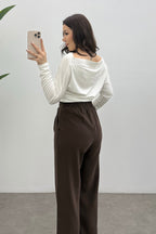 Kadın Kahverengi Beli Lastikli Dökümlü Pile Detaylı Tensel Relaxed Pantolon