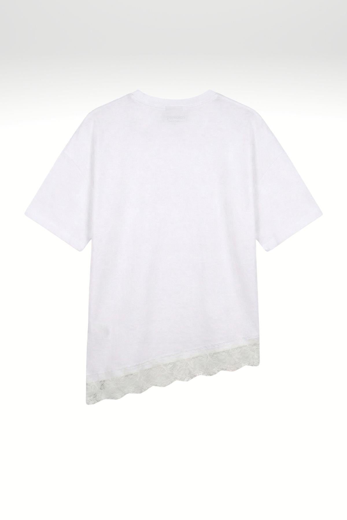 Kadın Pamuk Relaxed Yuvarlak Yaka Dantel Detaylı Asimetrik T-shirt Beyaz