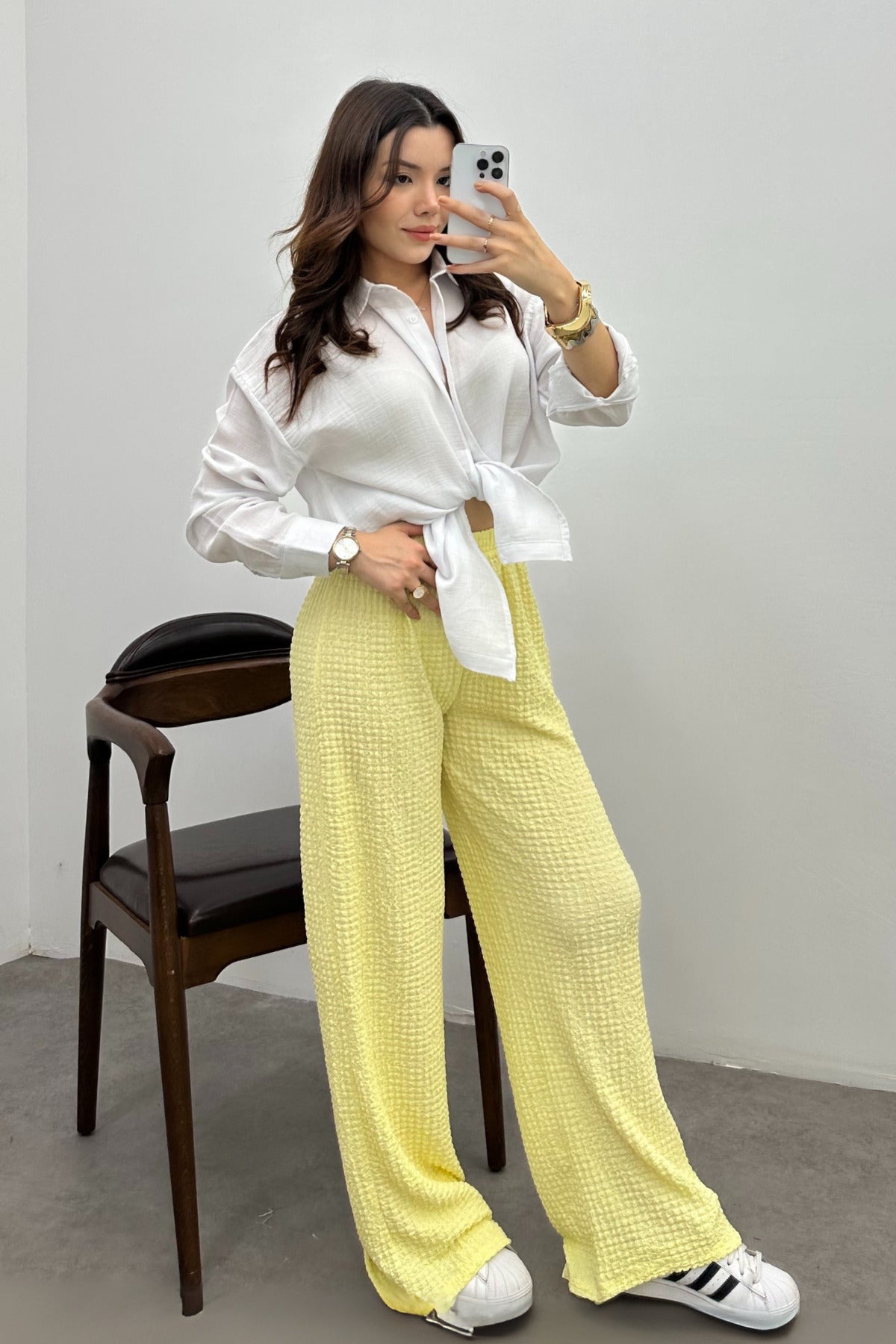 Kadın Tereyağı Sarısı Yüksek Bel Likralı Dökümlü Relax Bubble Pantolon