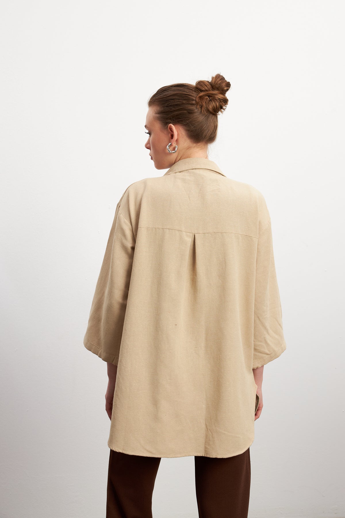 Kadın Krem Bağlama Detaylı Flam Keten Kimono